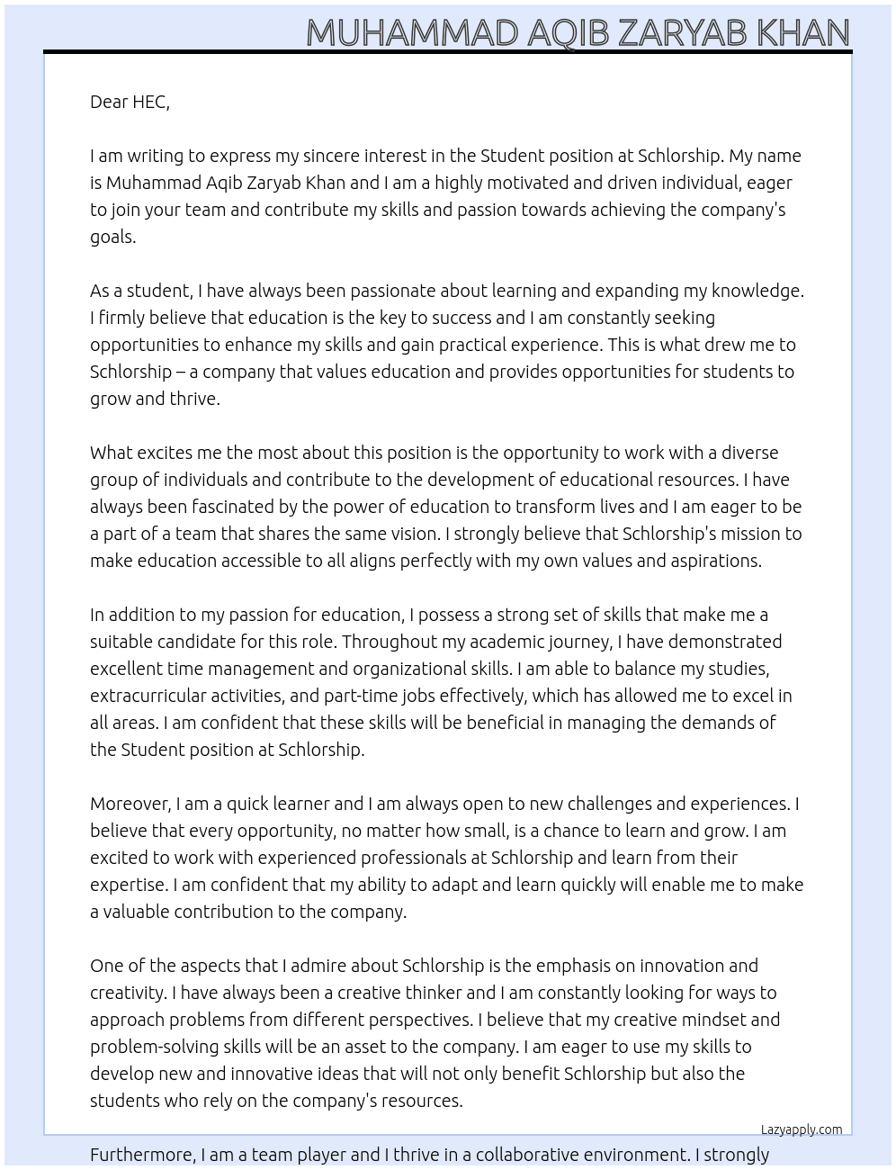 Student At Schlorship Cover Letter