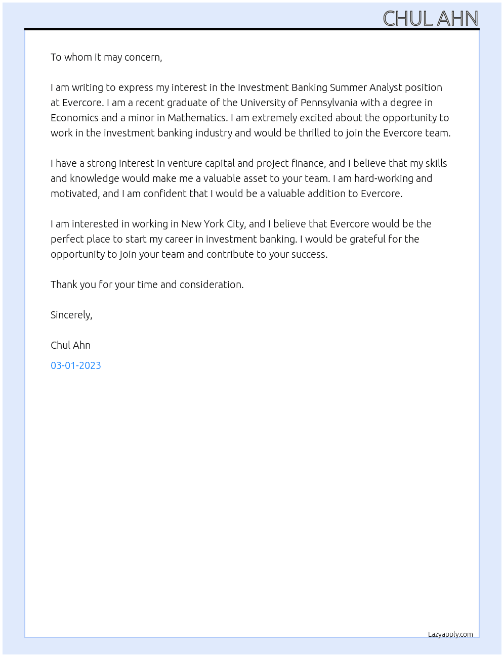 Investment Banking Summer Analyst At Evercore Cover Letter