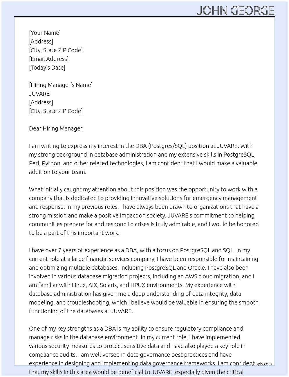 DBA (Postgres/ SQL) At JUVARE Cover Letter