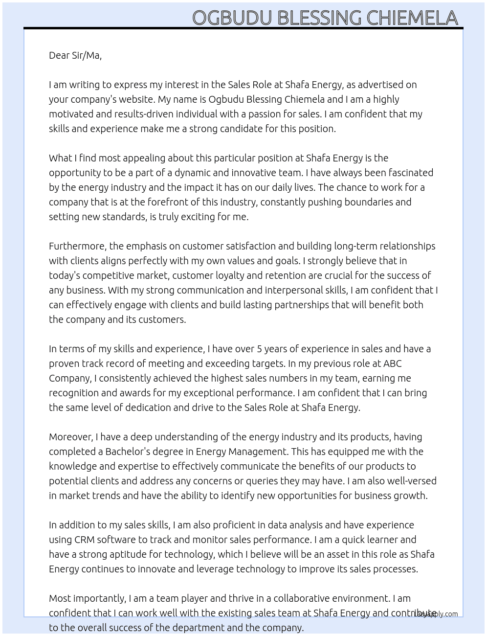 Sales Role  At Shafa Energy  Cover Letter