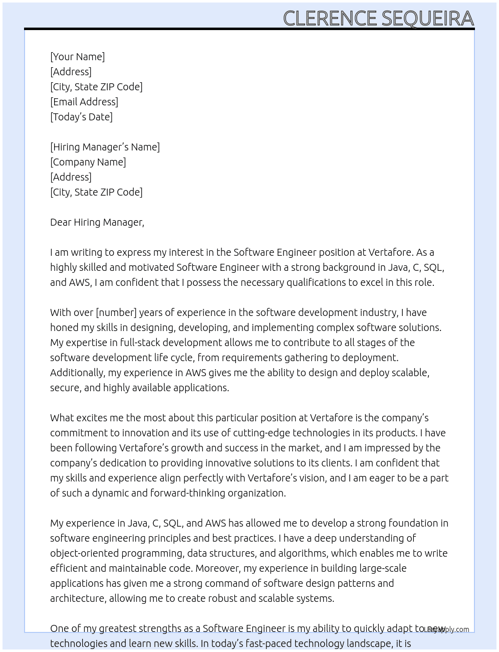 Software Engineer At Vertafore Cover Letter