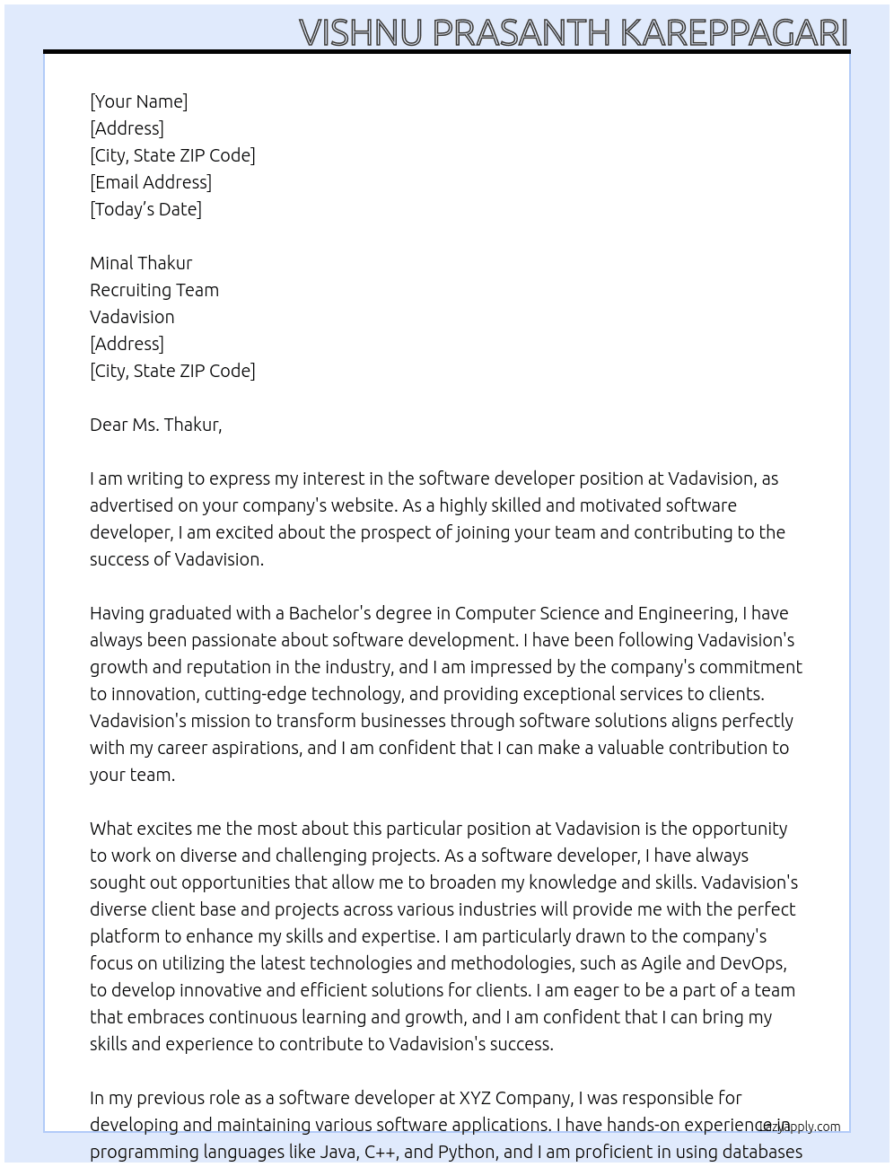 software developer At Vadavision Cover Letter