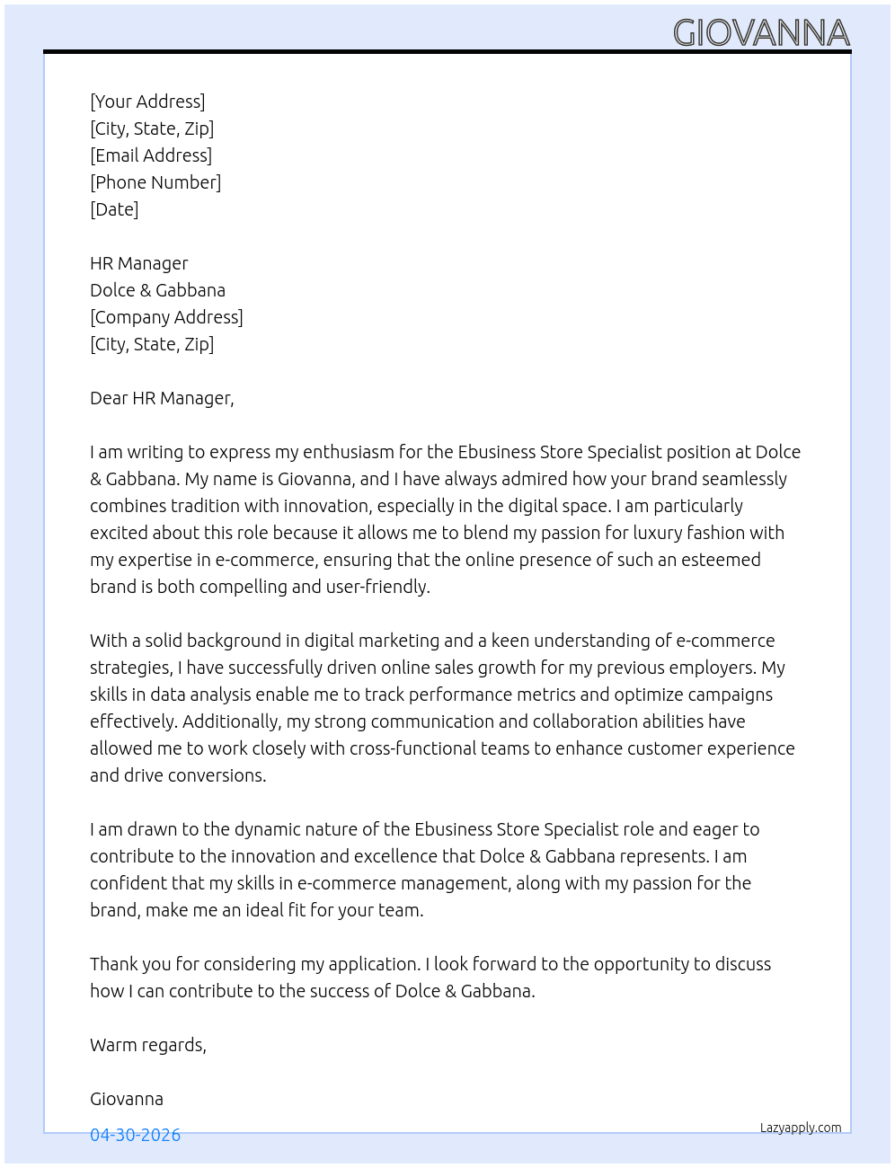 Ebusiness Store Specialist At Dolce & Gabbana Cover Letter