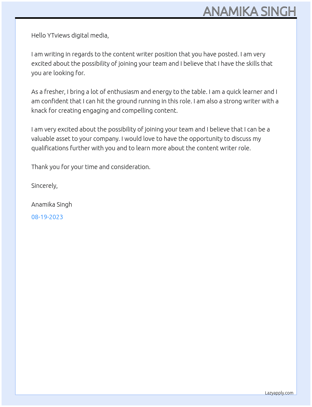 content writer At YTviews digital media Cover Letter