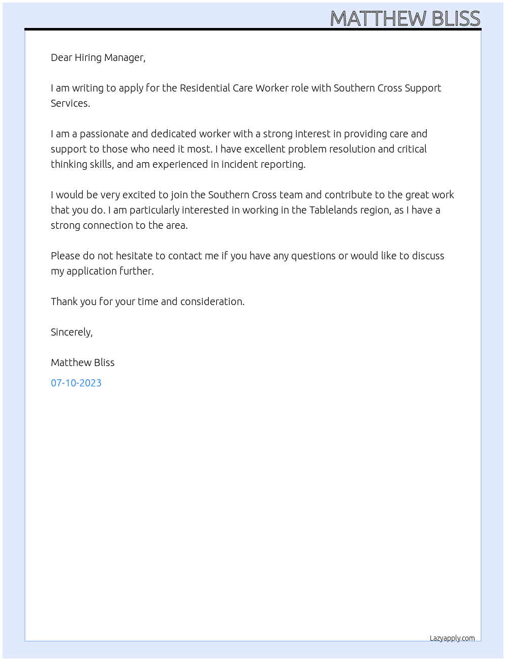 Residential Care Worker At Southern Cross Support Services Cover Letter