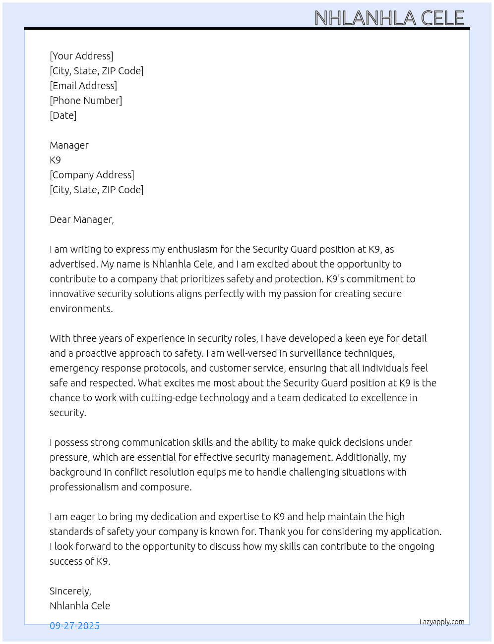 Security Guard  At K9  Cover Letter