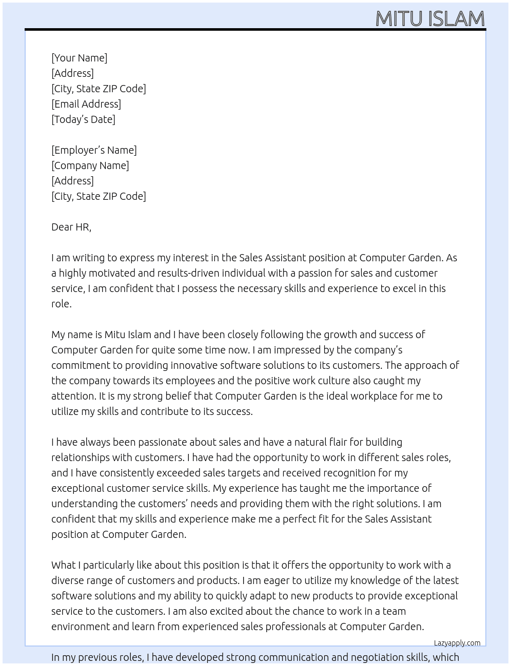 sale assistant At Computer Garden Cover Letter