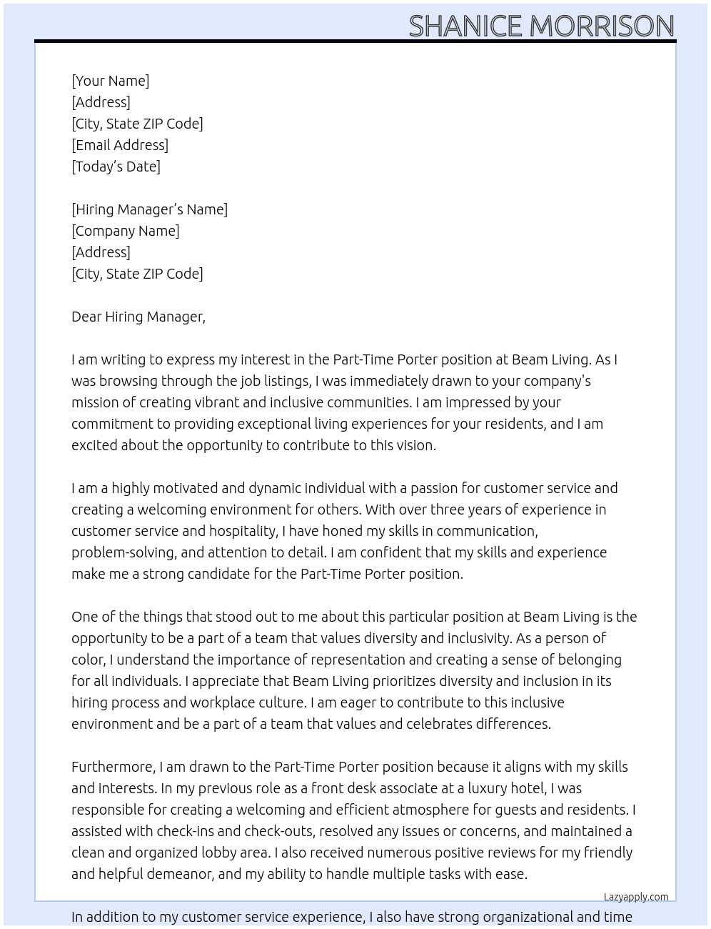 Part-Time Porter At Beam living  Cover Letter