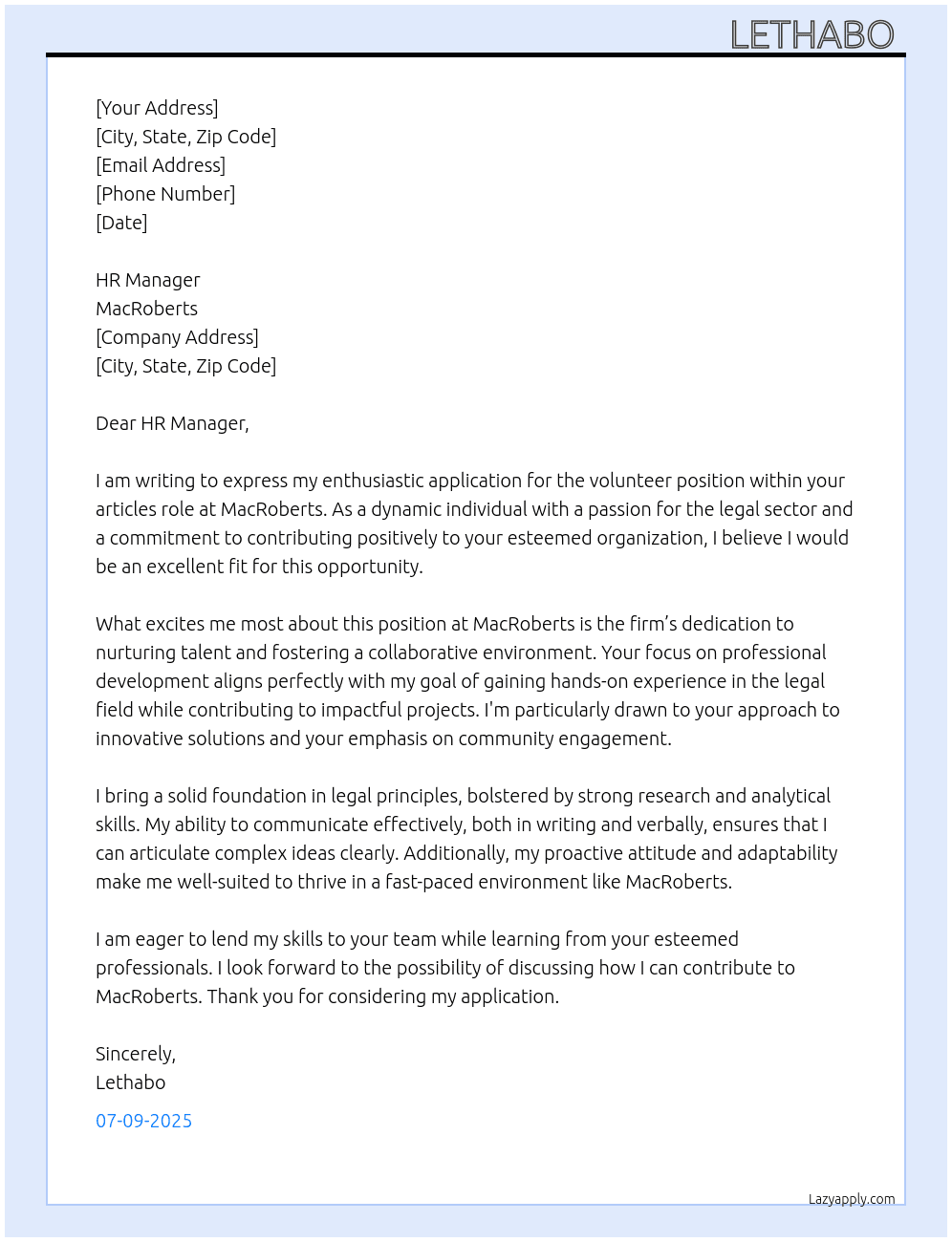 volunteer At MacRoberts Cover Letter