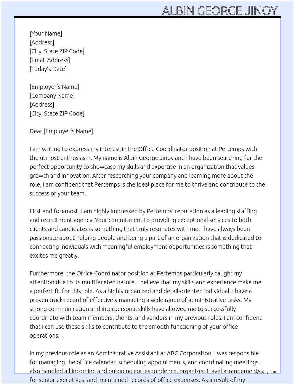 Office Coordinator  At Pertemps Cover Letter