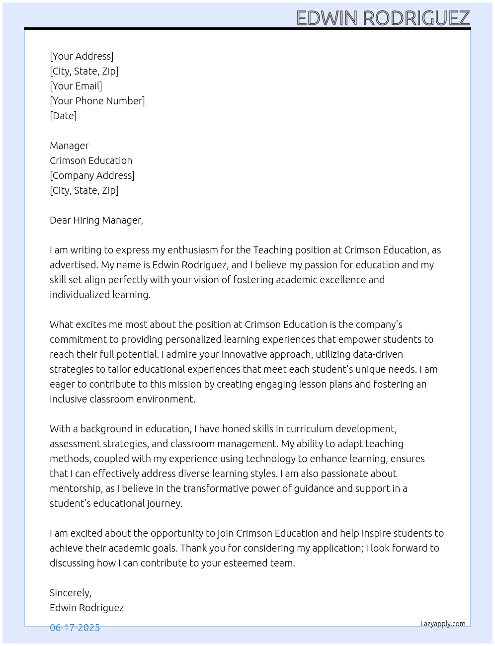 Teaching At Crimson Education Cover Letter
