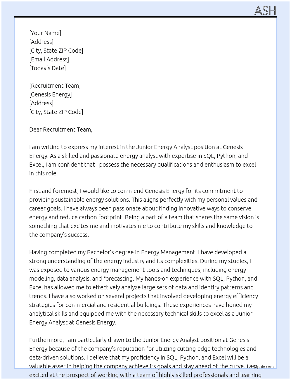 Cover letter for junior energy analyst - LazyApply