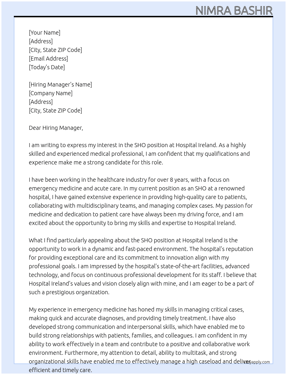 SHO At Hospital Ireland  Cover Letter