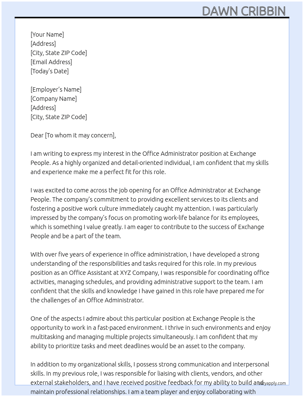 Office administrator  At Exchange people  Cover Letter