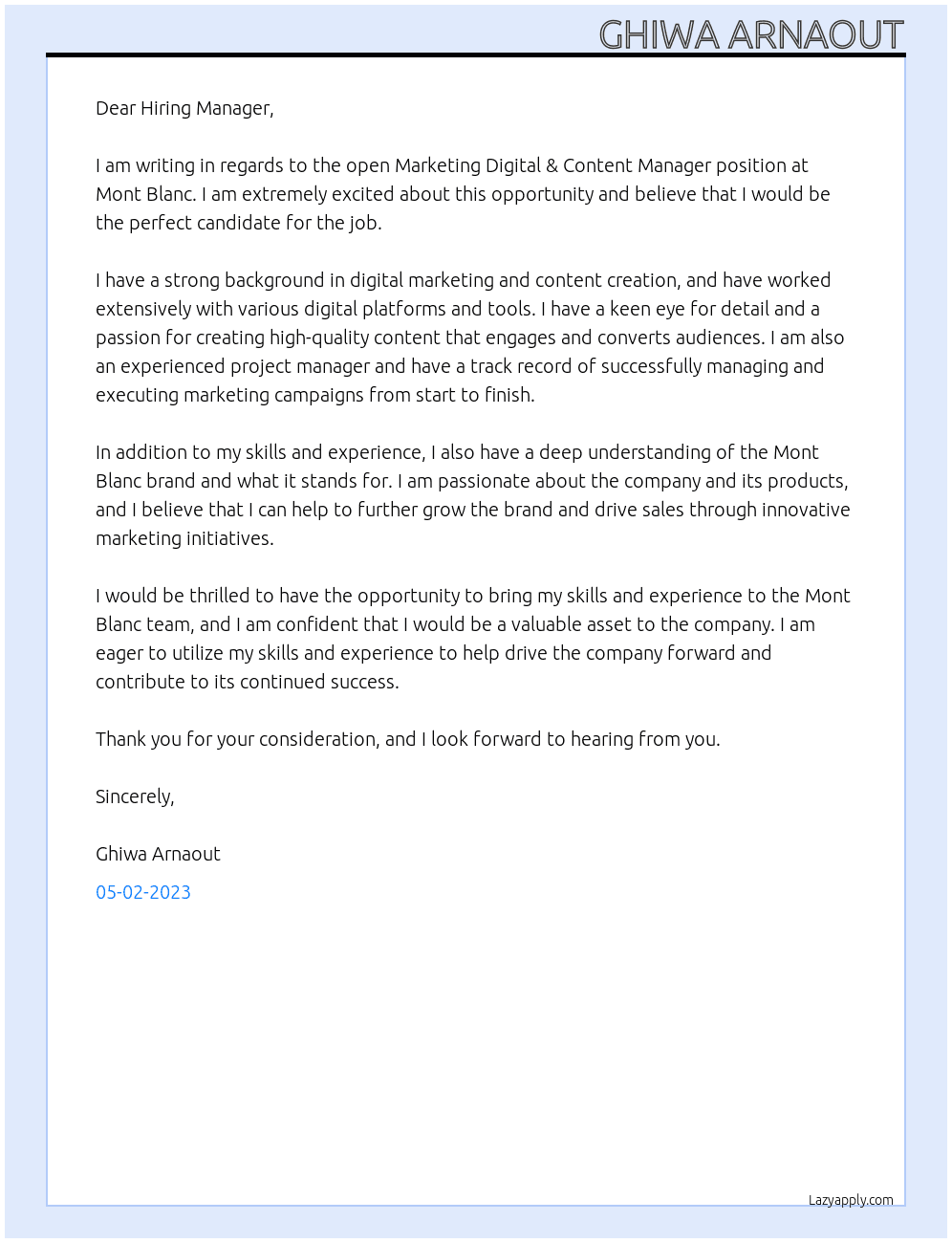 Marketing Digital & Content Manager At Mont Blanc Cover Letter