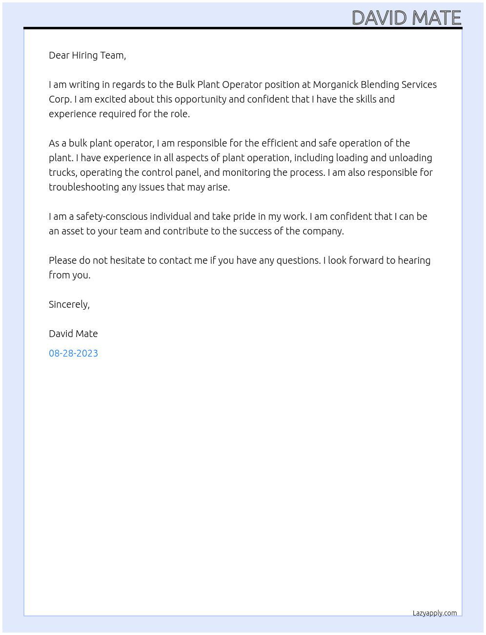 Bulk Plant Operator  At Morganick Blending Services Corp. Cover Letter
