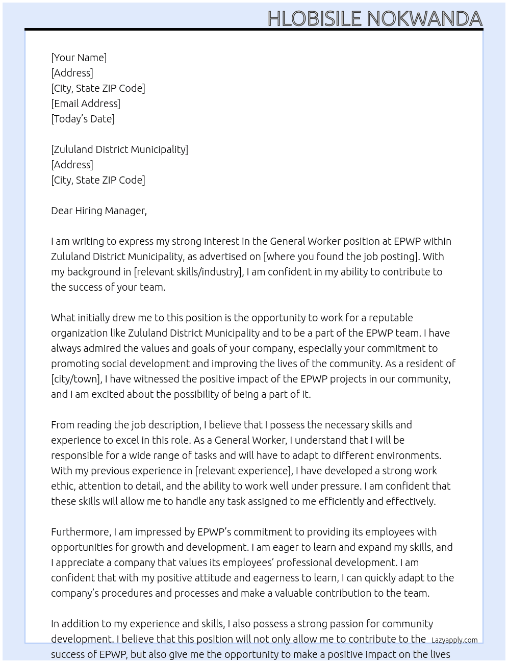 General worker At EPWP Cover Letter