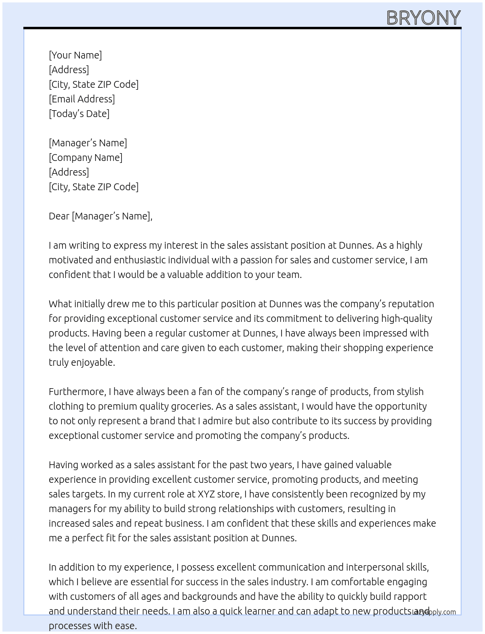 sales assistant At dunnes Cover Letter