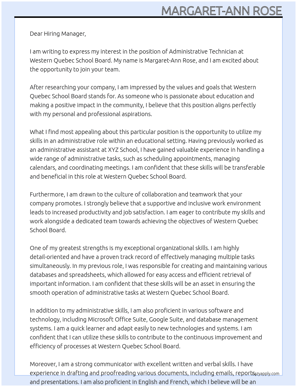 adminstrative technician At Western Quebec School Board Cover Letter