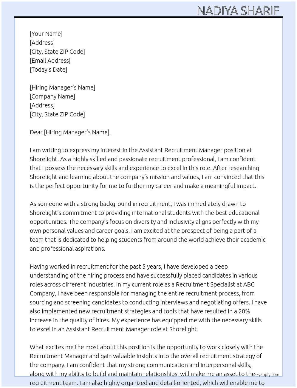 Assistant Recruitment Manager At Shorelight Cover Letter
