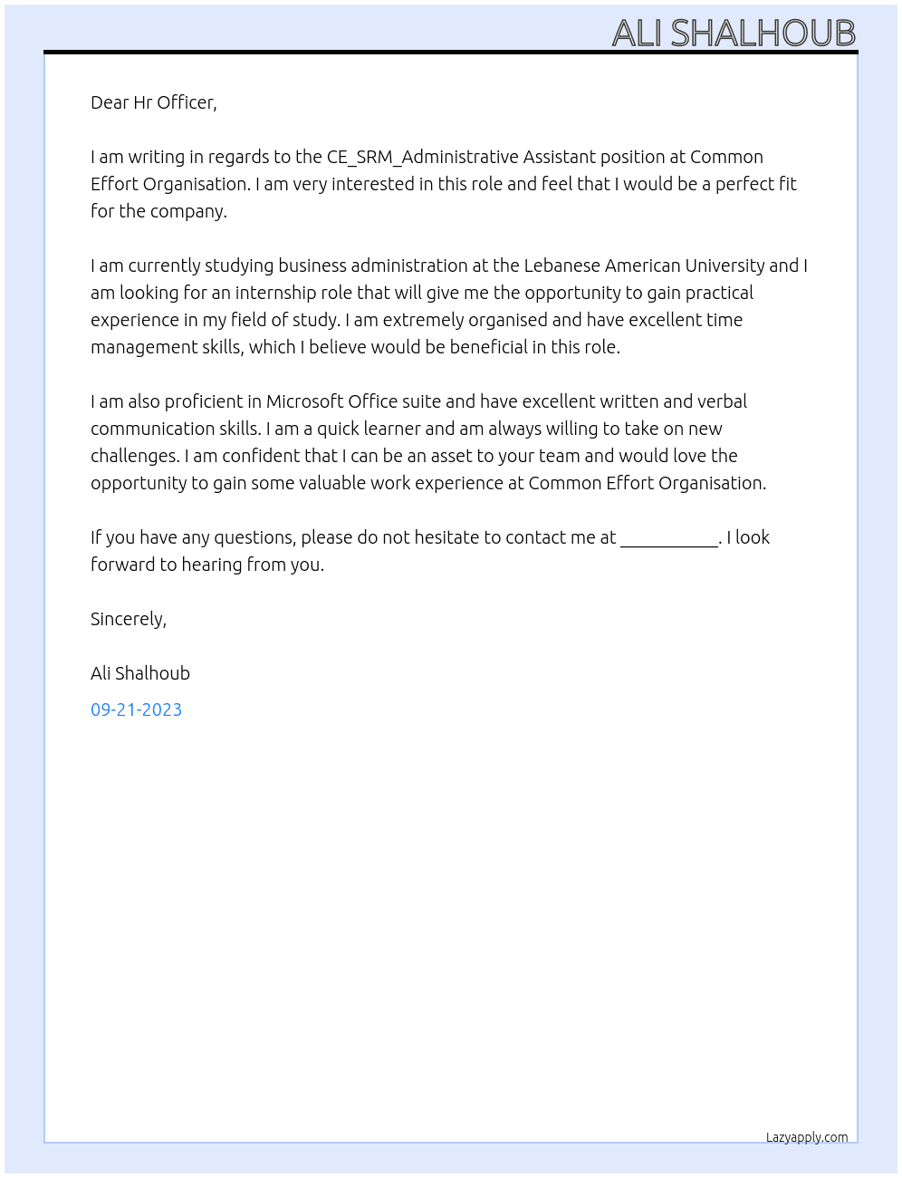 CE_SRM_Administrative Assistant At Common Effort Organisation Cover Letter
