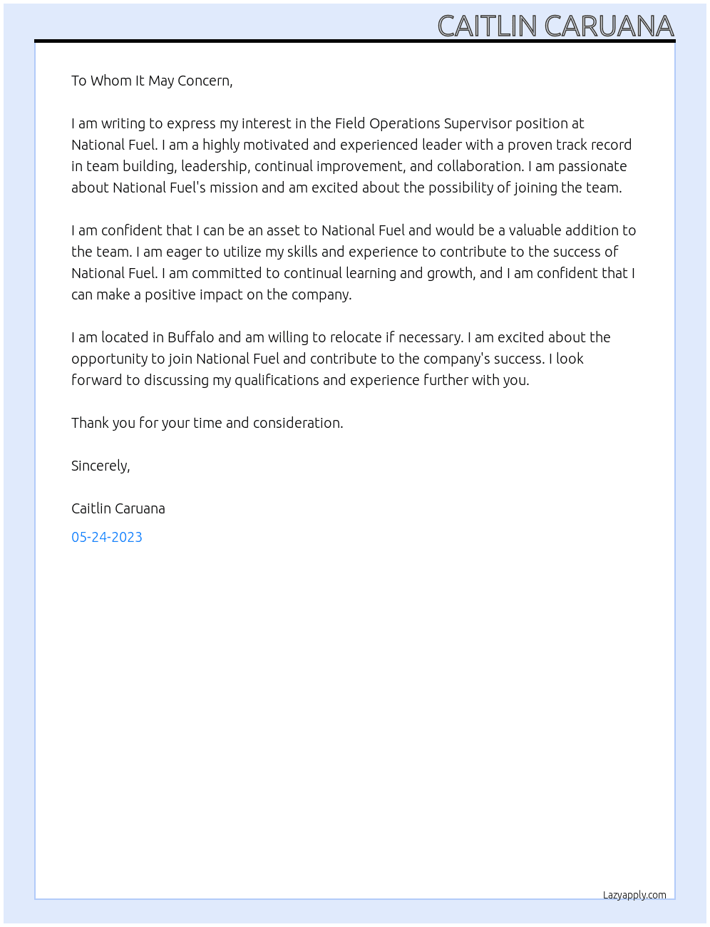 Field Operations Supervisor At National Fuel Cover Letter