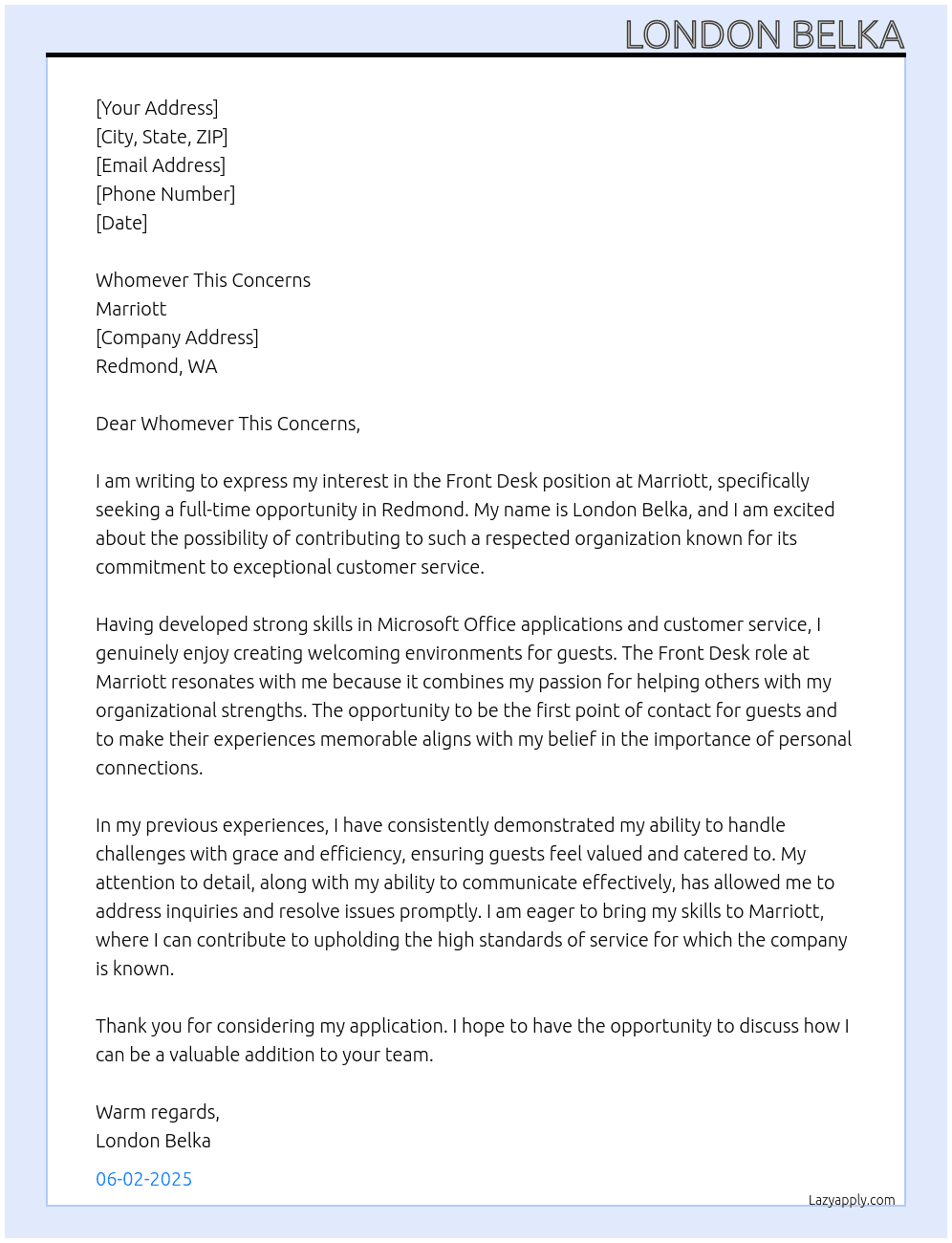 Cover letter for front desk - LazyApply