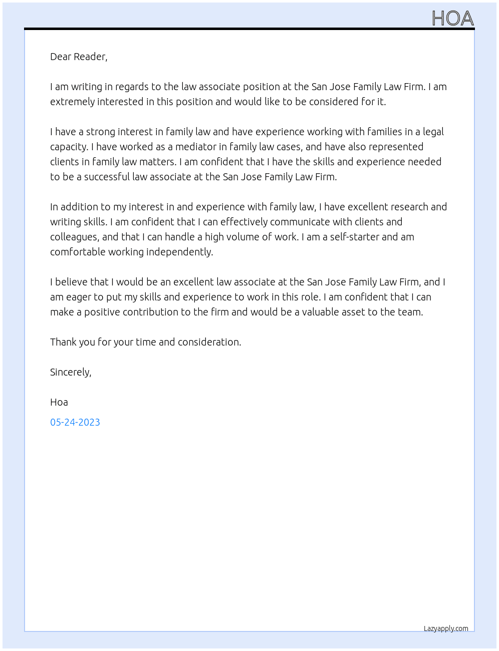 law associate At San Jose Family Law Firm Cover Letter