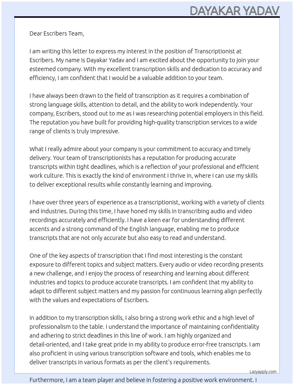 transcriptionist At escribers Cover Letter