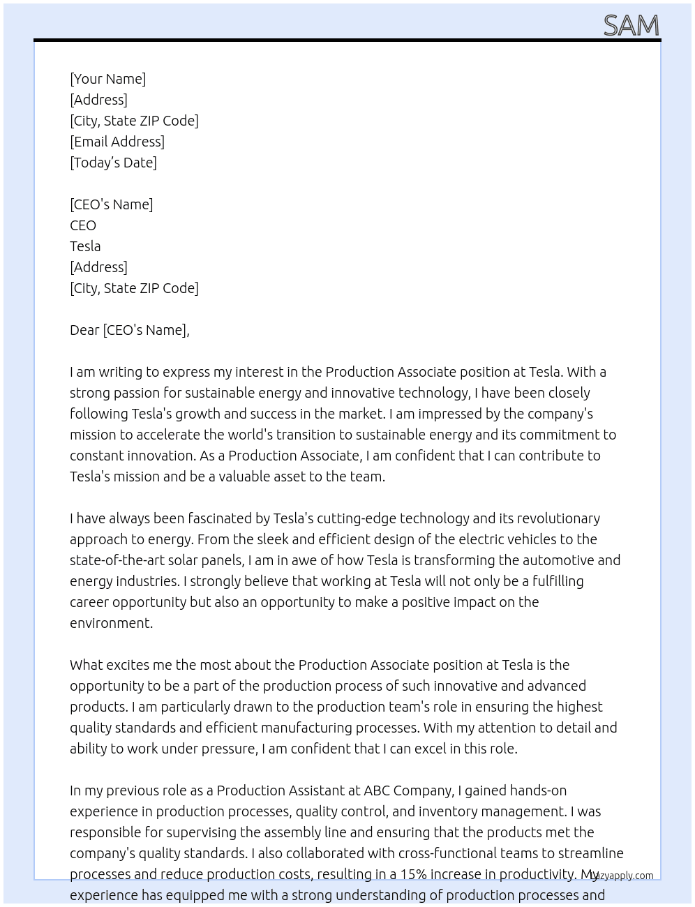 Production Associate At Tesla Cover Letter