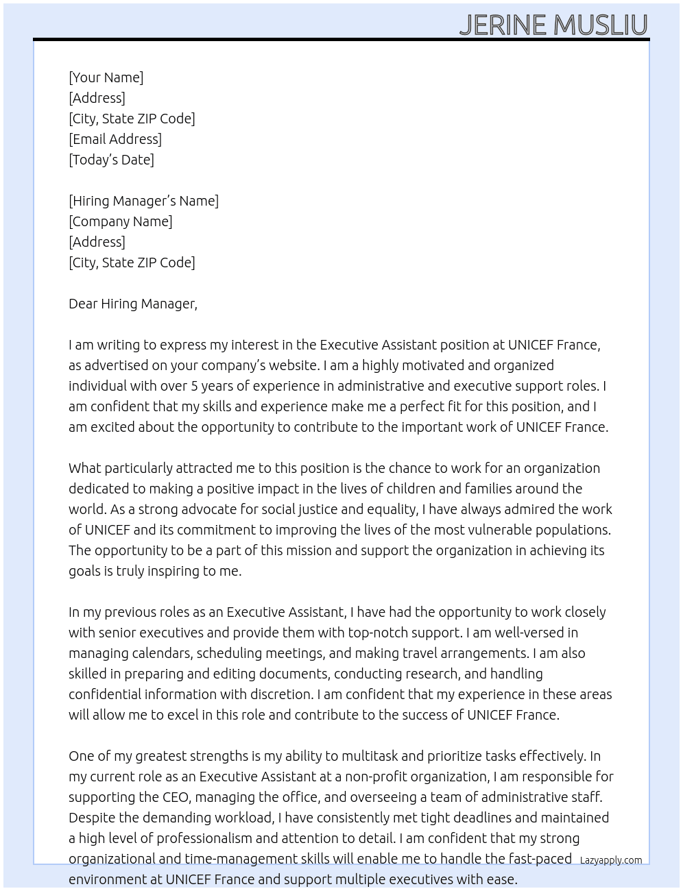 Executive Assistant At UNICEF France Cover Letter