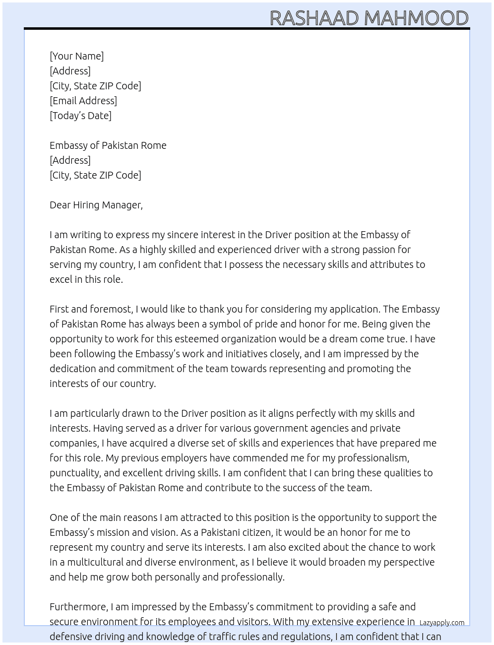 Driver At Embassy of Pakistan Rome  Cover Letter