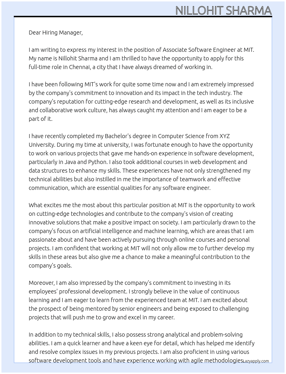 ASSOCIATE SOFTWARE ENGINEER At mit Cover Letter