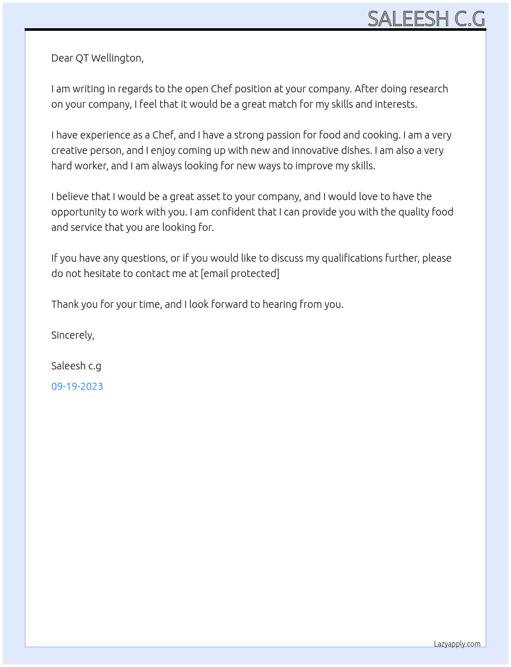 Chef At QT Wellington Cover Letter