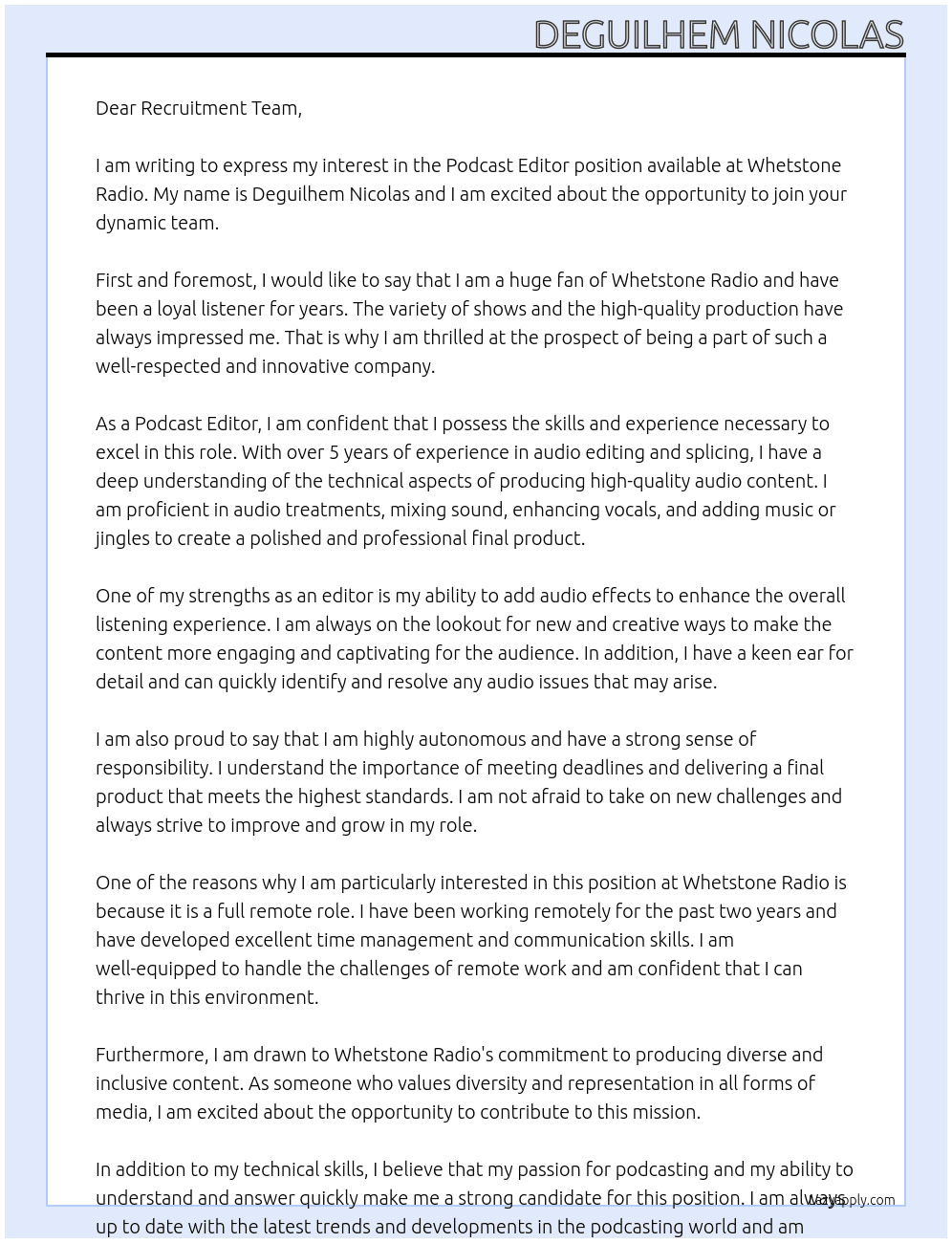 Podcast Editor At Whetstone Radio Cover Letter