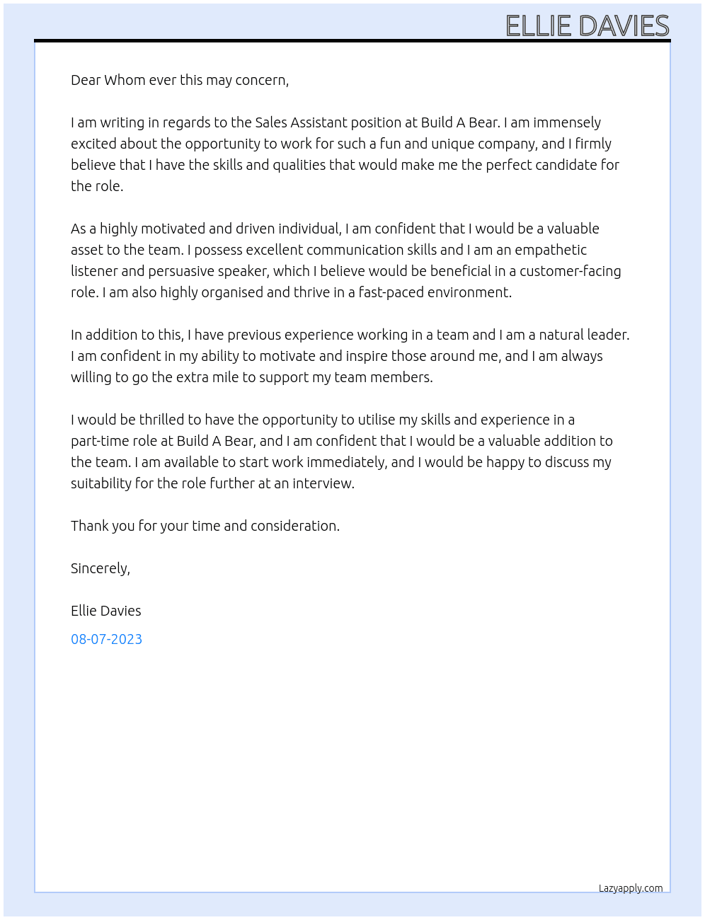 Sales Assistant At Build A Bear  Cover Letter