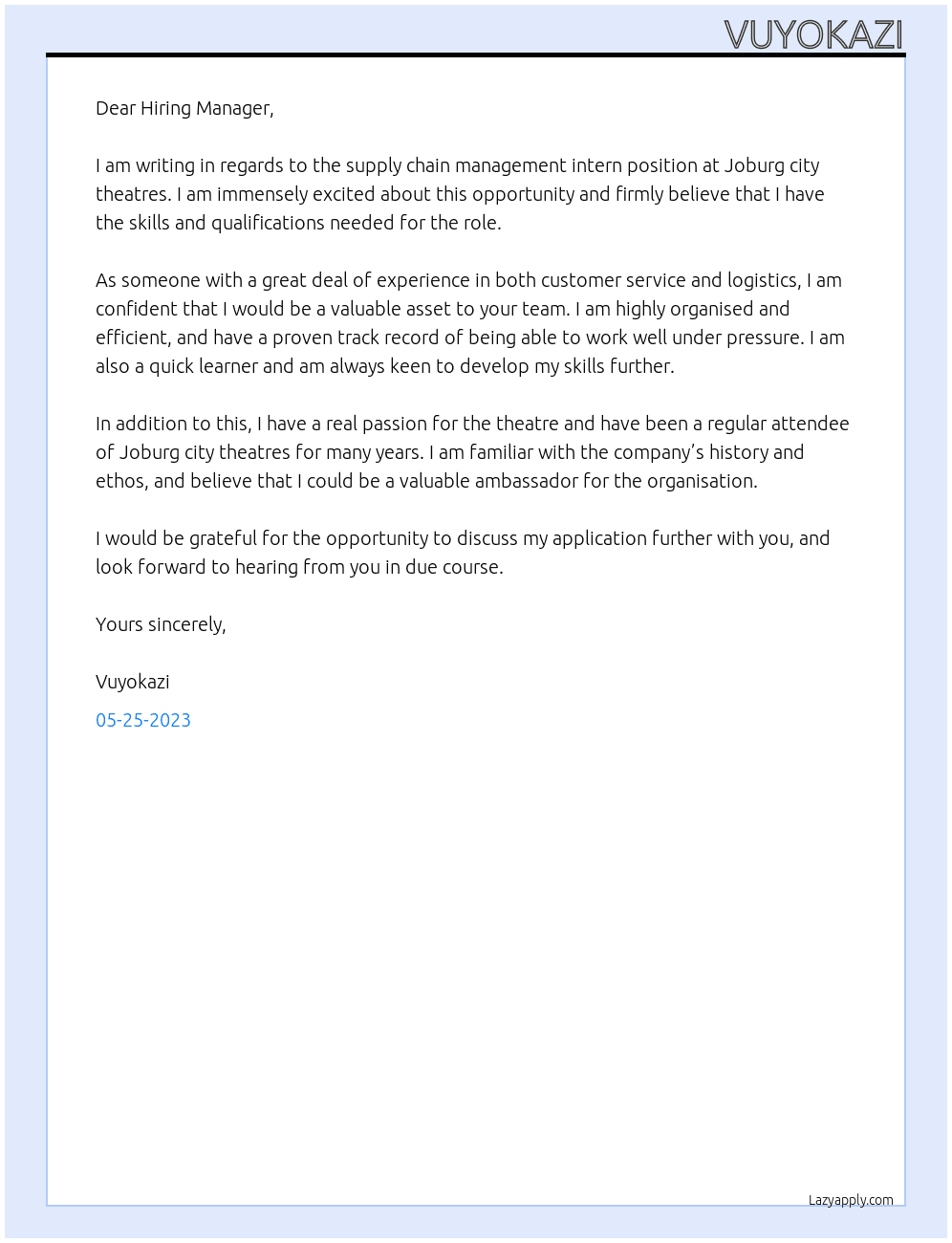 supply chain management intern At Joburg city theatres Cover Letter