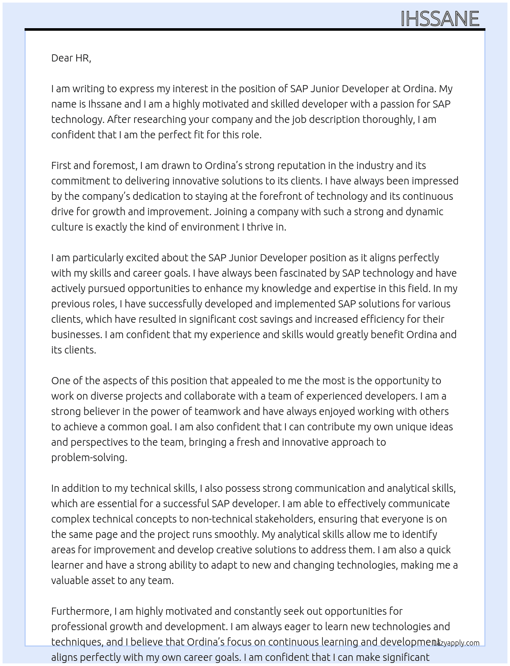Cover letter for sap junior developer - LazyApply