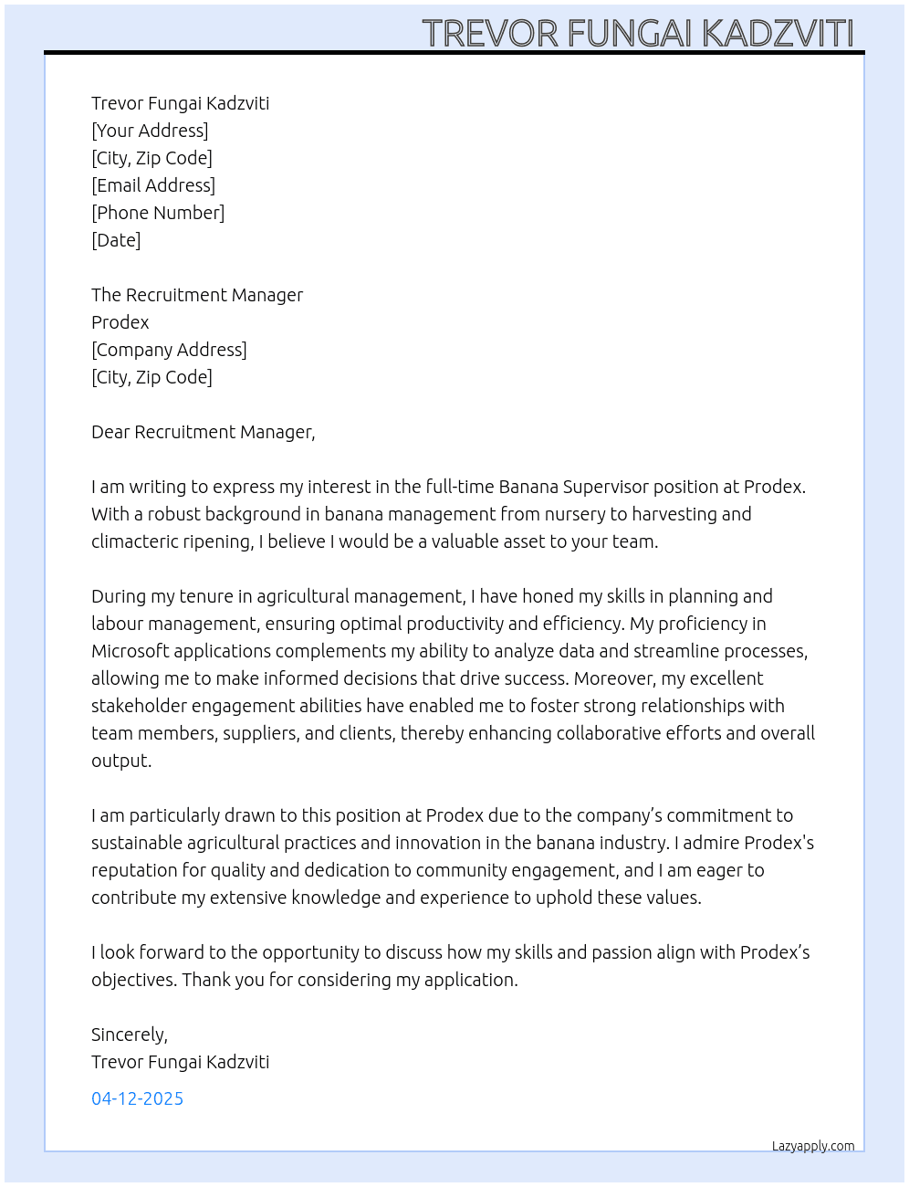 Banana supervisor  At Prodex Cover Letter