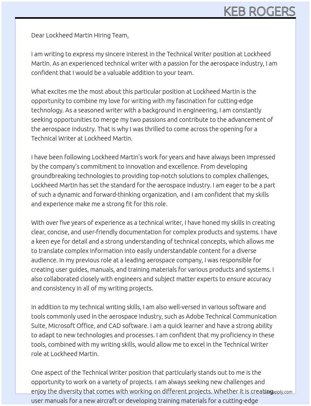 Technical Writer At Lockheed Martin Cover Letter