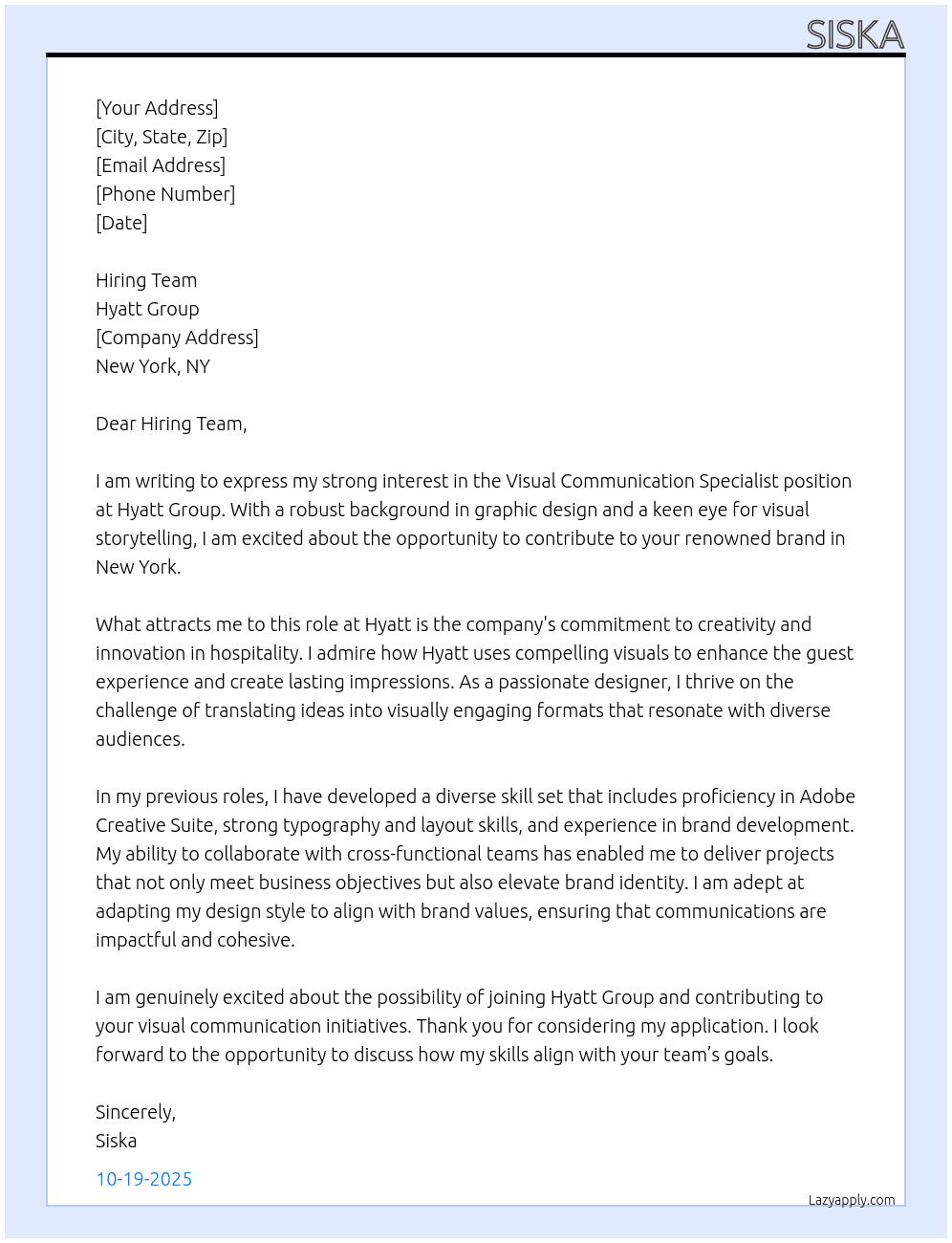 Cover letter for visual communication specialist - LazyApply