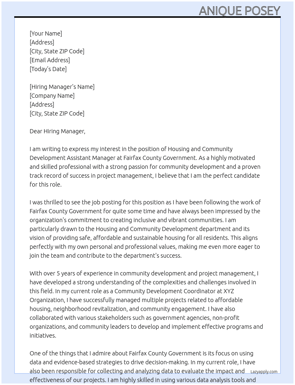 Housing and Community Development Assistant Manager At Fairfax County Government Cover Letter