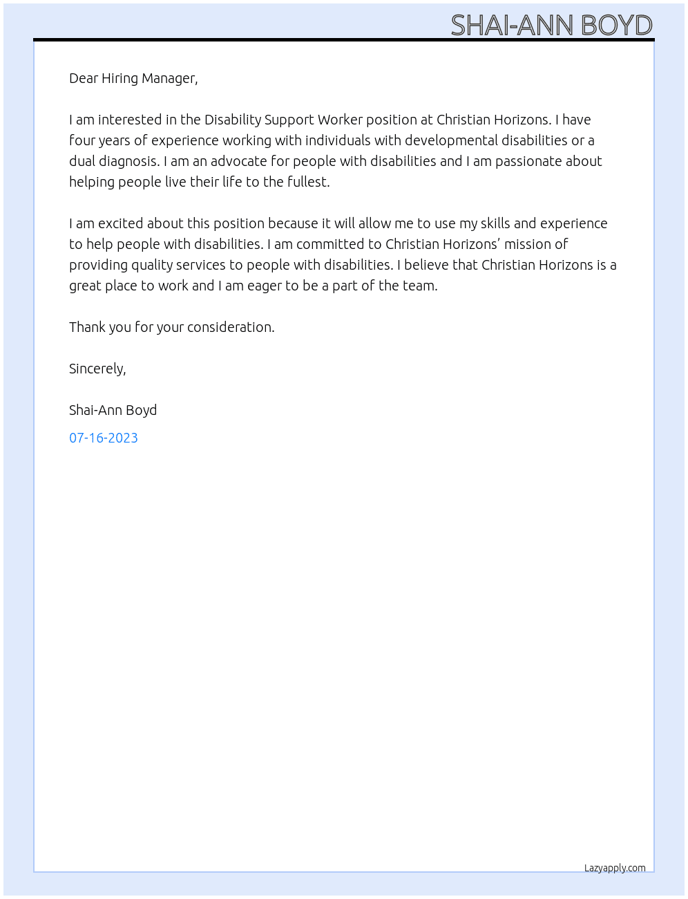 Disability Support Worker  At Christian Horizons Cover Letter