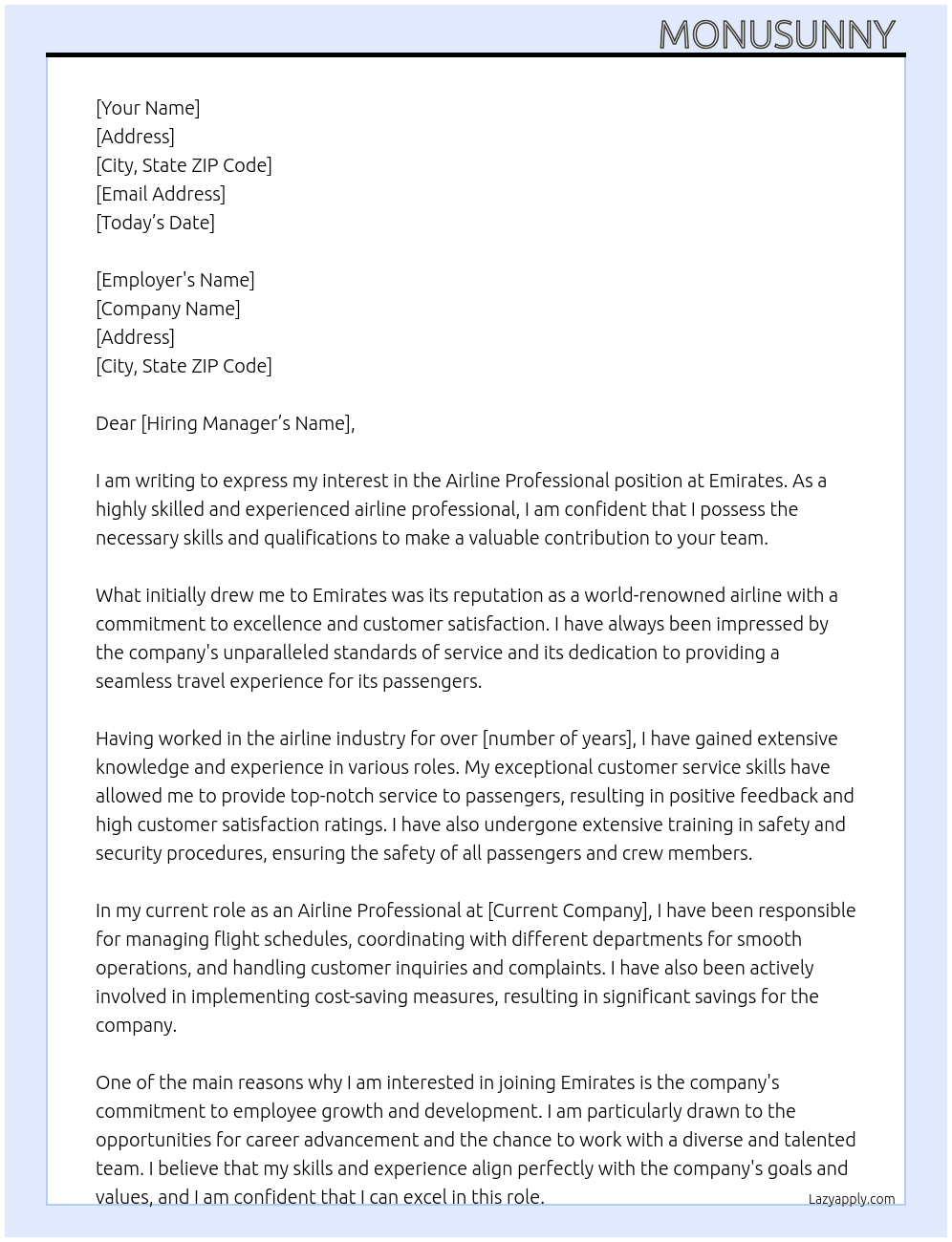 Cover letter for airline professional - LazyApply