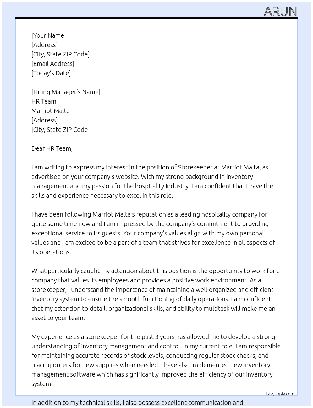 STOREKEEPER At Marriot Malta Cover Letter