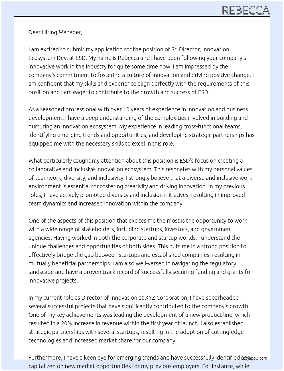 Sr. Director, Innovation Ecosystem Dev. At ESD Cover Letter