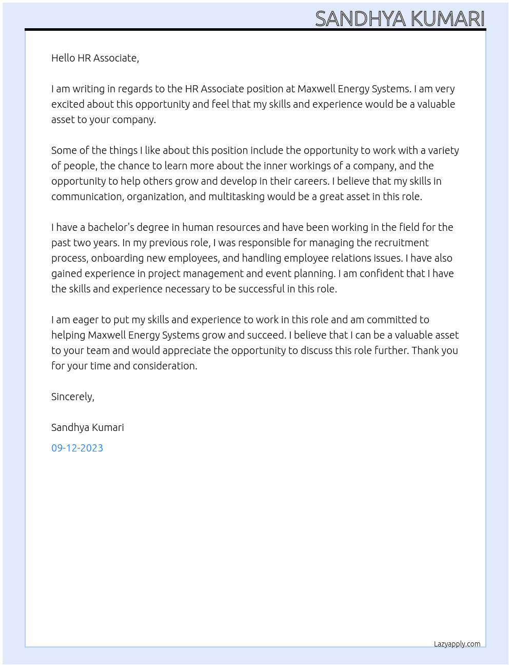 HR Associate At Maxwell Energy Systems Cover Letter