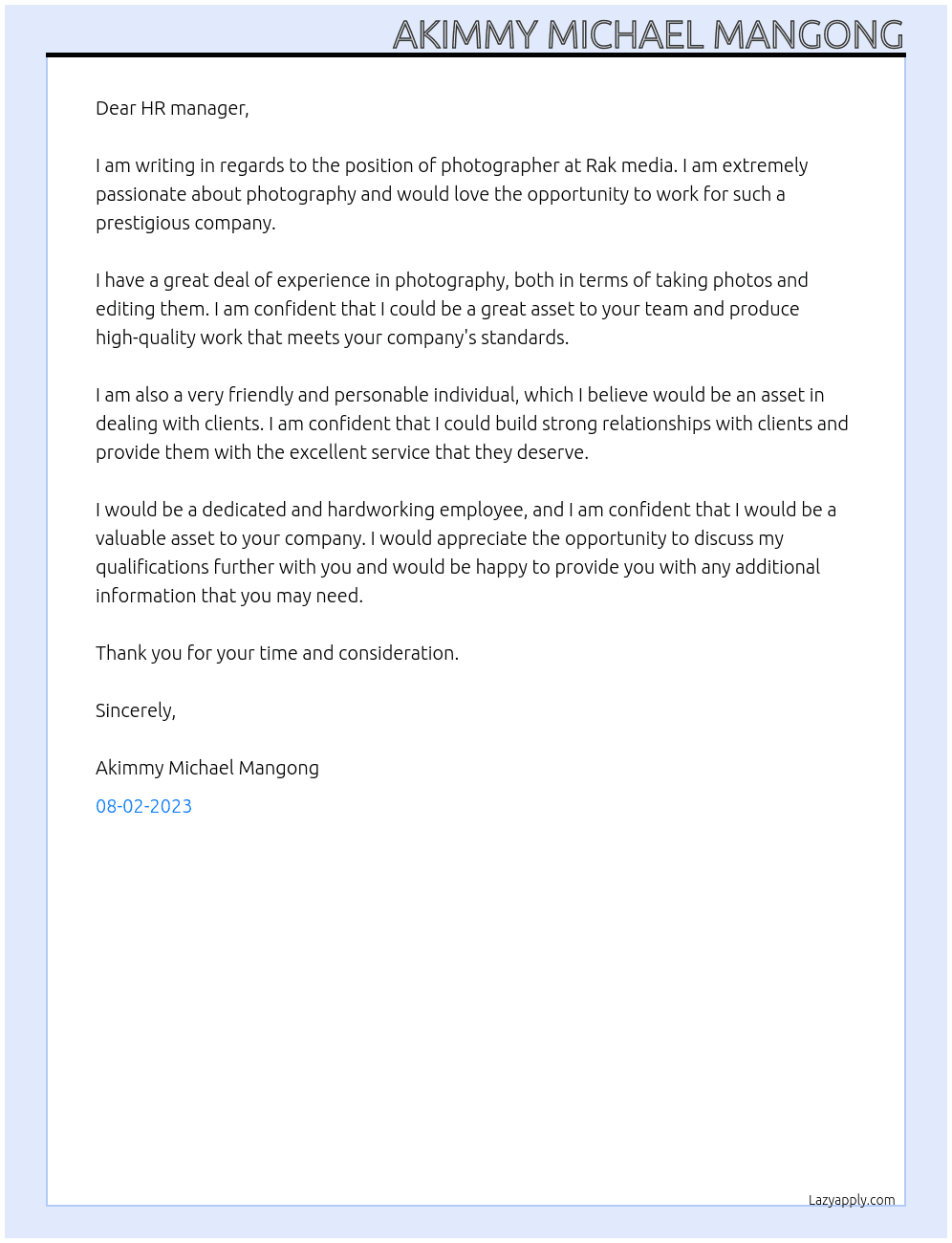 photographer At Rak media Cover Letter