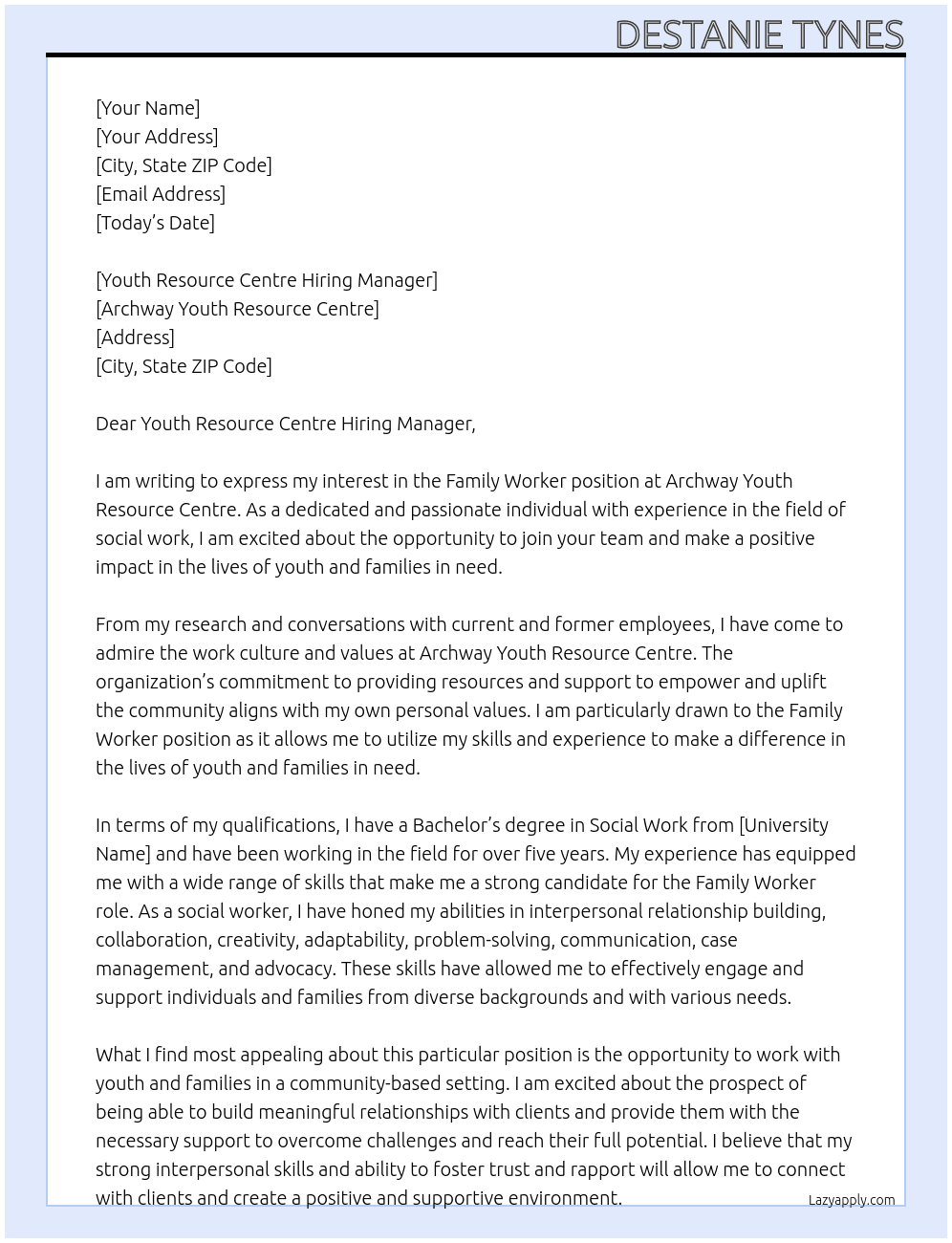 Family Worker At Archway Youth Resource Centre Cover Letter