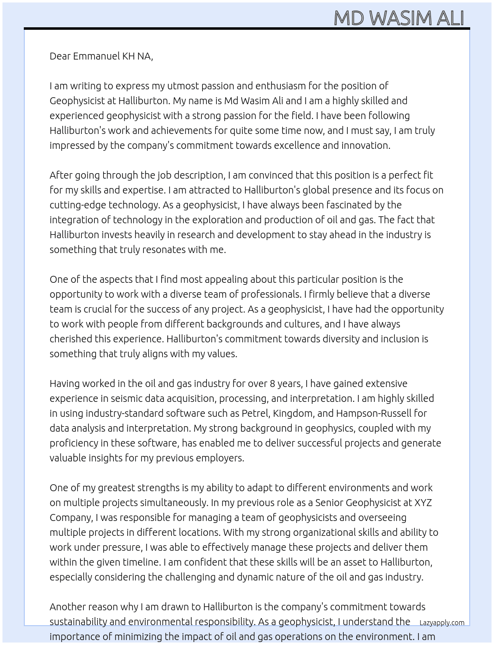 Geophysicist At Halliburton  Cover Letter